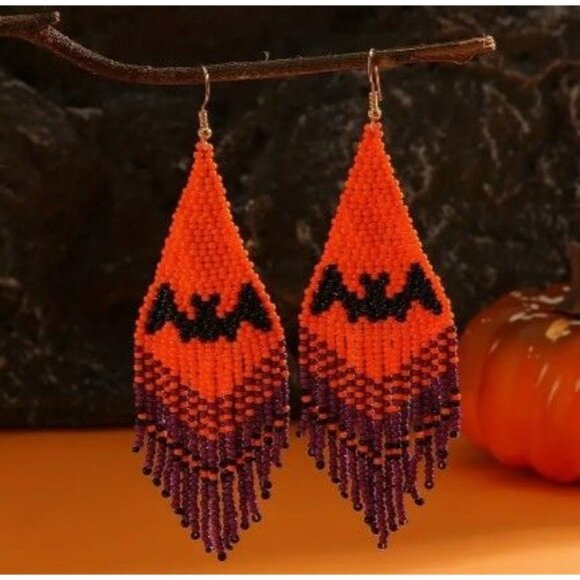 Halloween Handmade Bead Bat Pattern Dangle Earrings - Picture 1 of 5